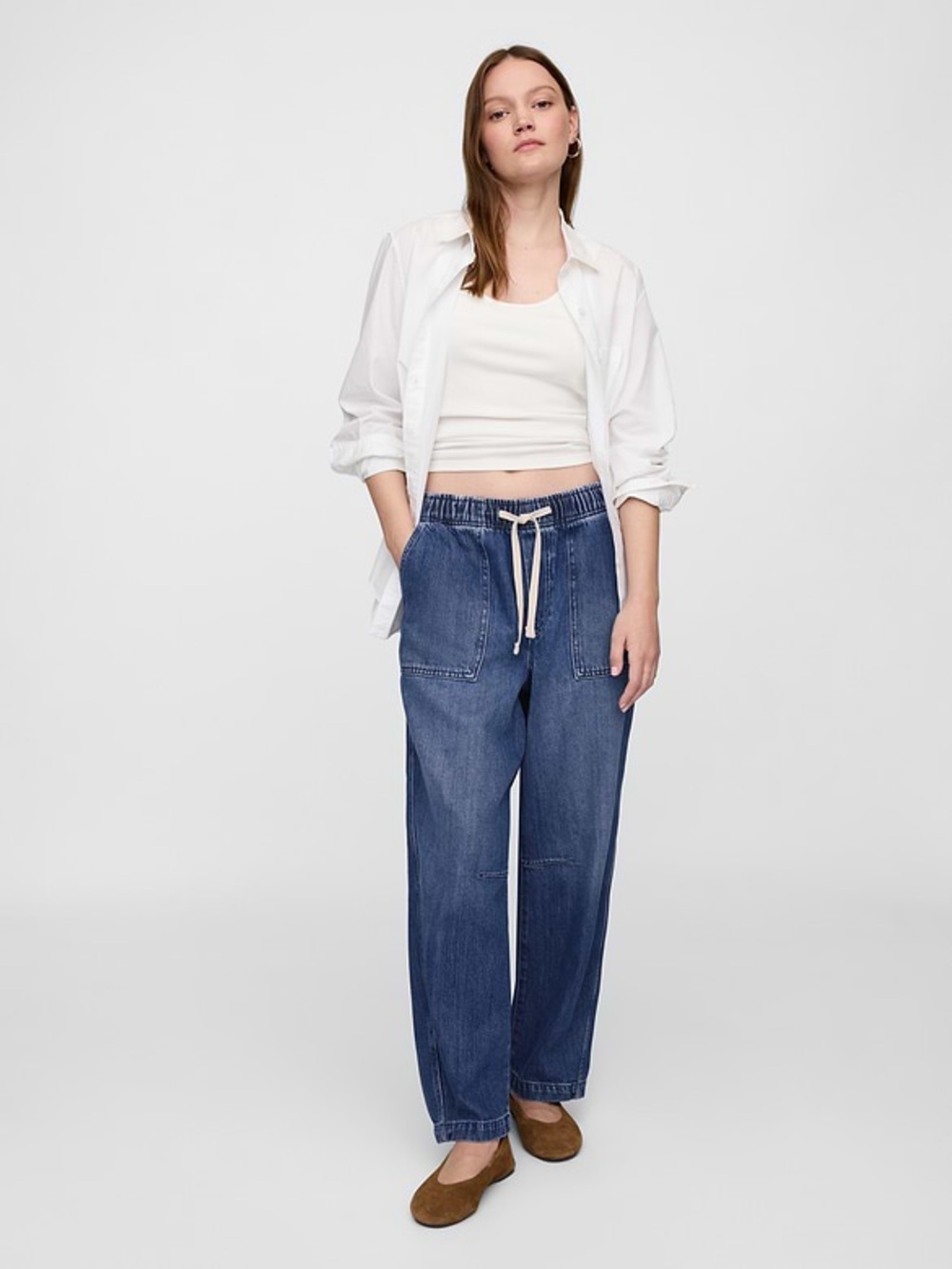 Gap Mid Rise SuperSoft Pull-On Barrel Jeans XS Medium Wash Blue Drawstring Boho